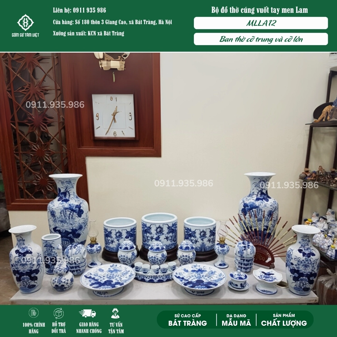 Bộ đồ thờ Bát Tràng men lam vuốt tay cho ban thờ dài 1m55 - 1m97 MLLA12
