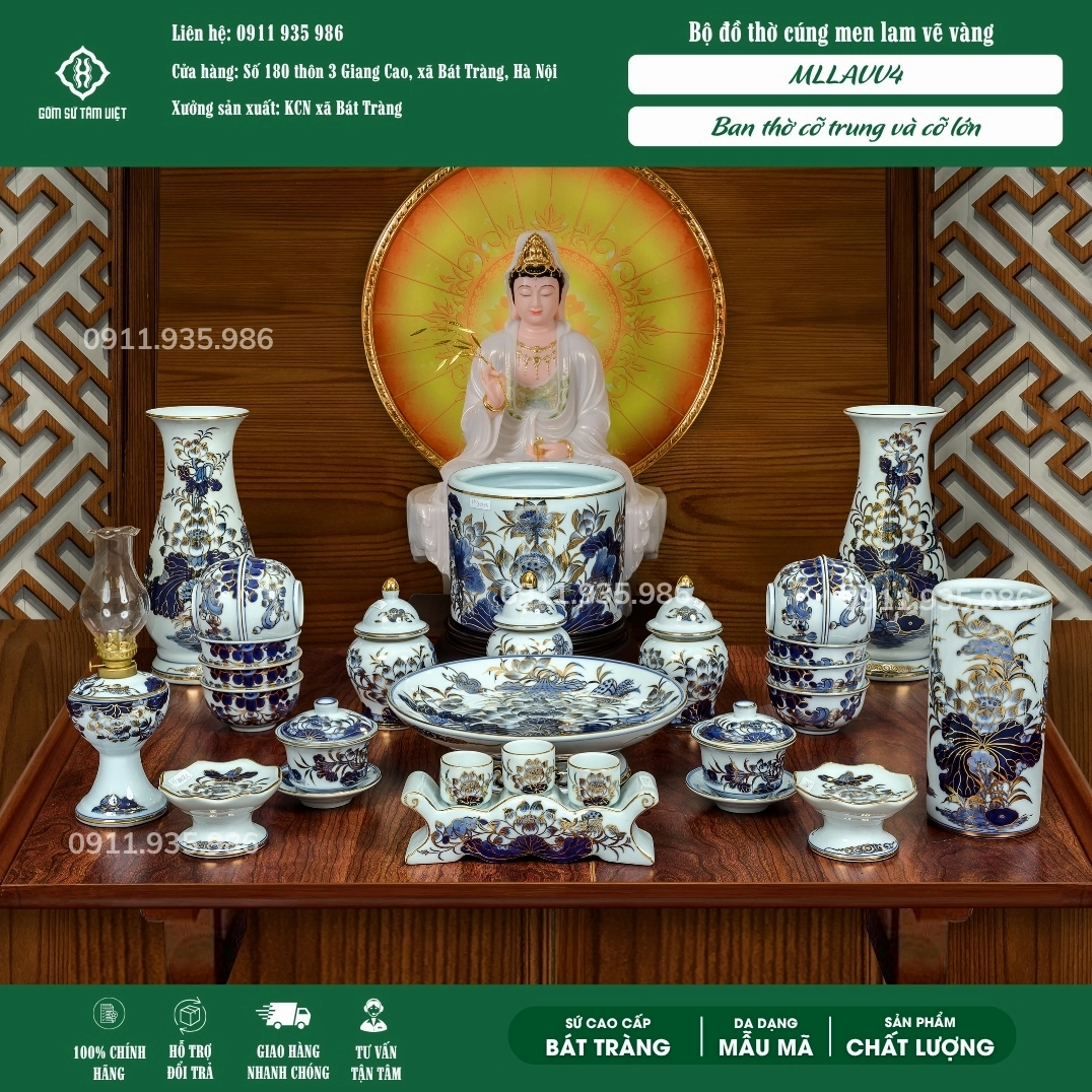 Bộ đồ thờ Bát Tràng men lam vuốt tay vẽ vàng MLLAVV4