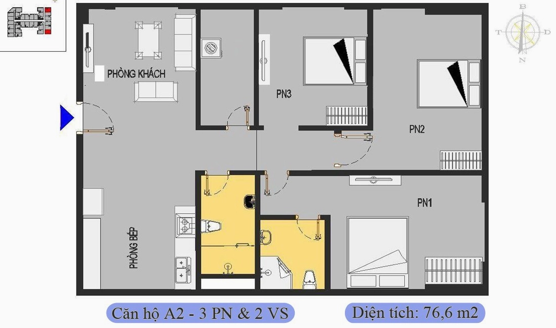 Căn 76,6m2 được thiết kế 3 phòng ngủ & 2 vệ sinh