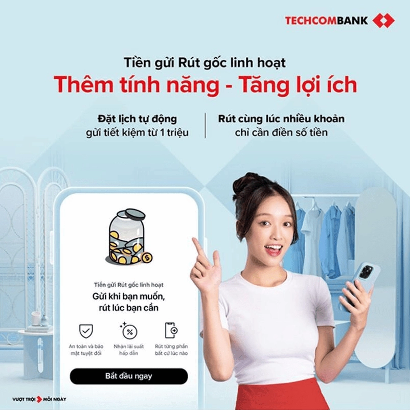 Giải pháp Tiền gửi Rút gốc linh hoạt giúp khách hàng có thể sinh lời hấp dẫn cho khoản tiền gửi mà vẫn đảm bảo sự linh hoạt, thuận tiện cho khoản tiền gửi.