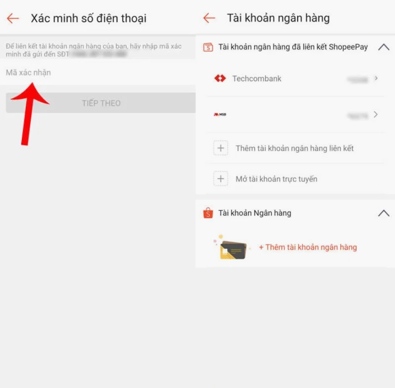 Giao diện thêm liên kết tài khoản ngân hàng vào ví ShopeePay