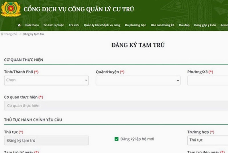 Hướng dẫn thao tác đăng ký tạm trú cho người thuê nhà online qua Cổng dịch vụ công quốc gia