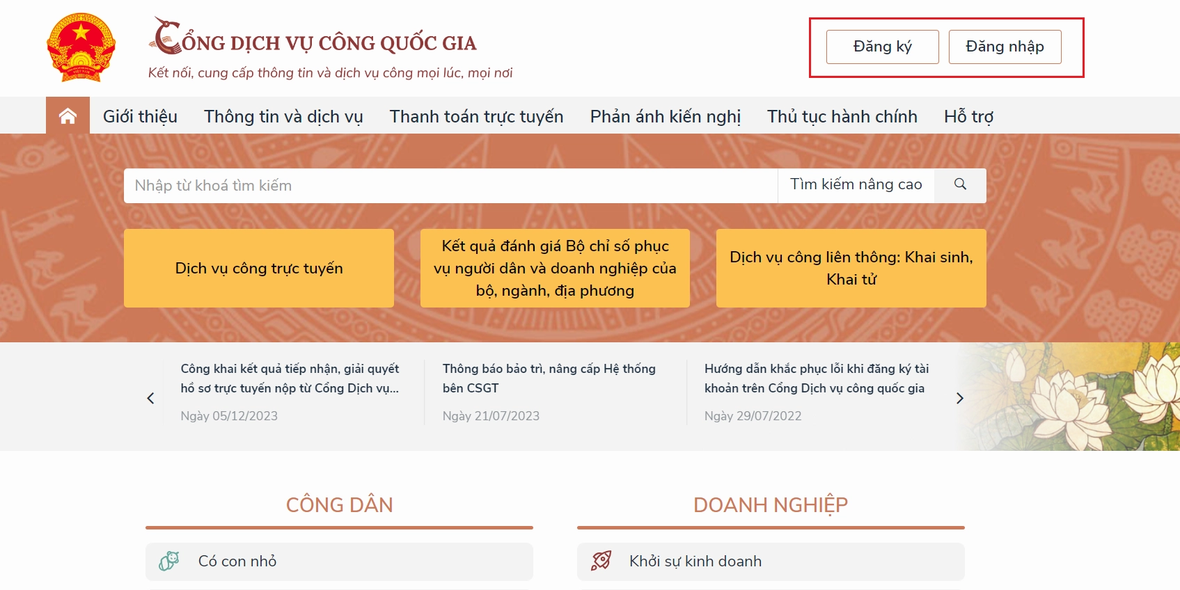 Hướng dẫn thủ tục cắt chuyển hộ khẩu online bước đăng nhập hệ thống cổng dịch vụ công