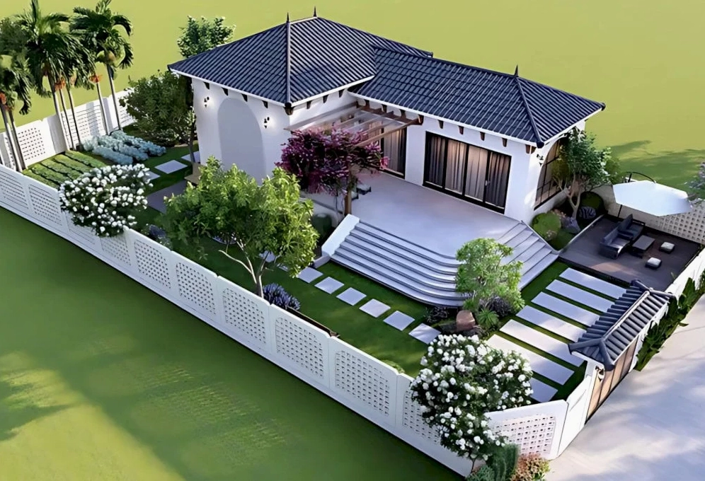 Khu vườn được quy hoạch quanh nhà vườn cấp 4 với cây xanh, thảm cỏ