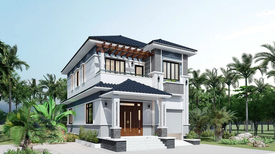 Kiến trúc hiện đại với hình khối mạch lạc, mái dốc nhẹ và hệ cửa lớn giúp ngôi nhà luôn thông thoáng, đón sáng tự nhiên hiệu quả