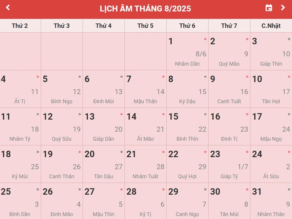 Lịch Âm tháng 8 2025 chi tiết
