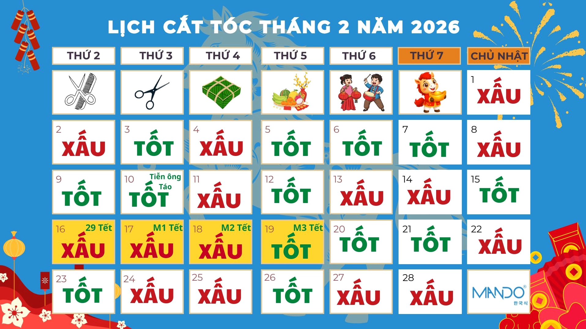 Lịch cắt tóc tháng 2/2026