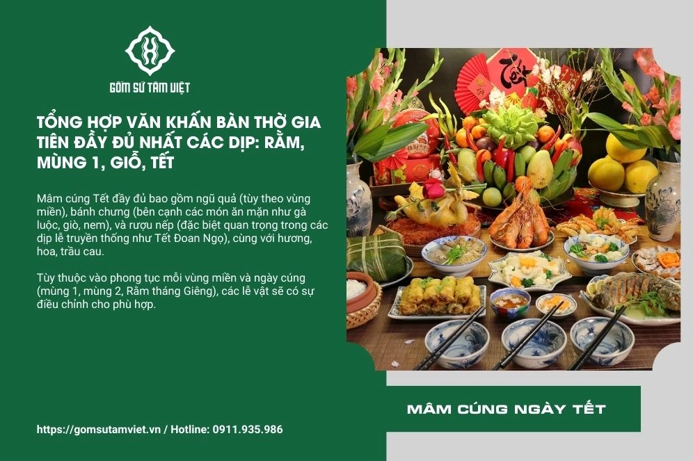 Mâm cúng ngày Tết đầy đủ: ngũ quả, bánh chưng, rượu nếp