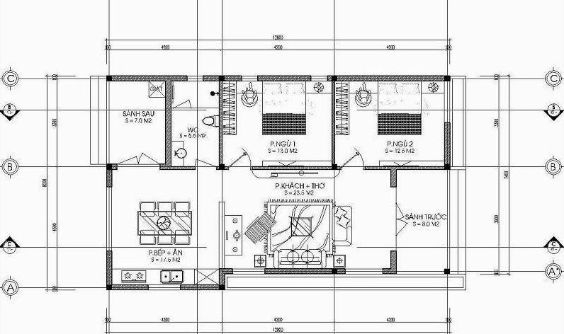 Mẫu bản vẽ nhà cấp 4 mái thái 2 phòng ngủ đẹp tối ưu công năng