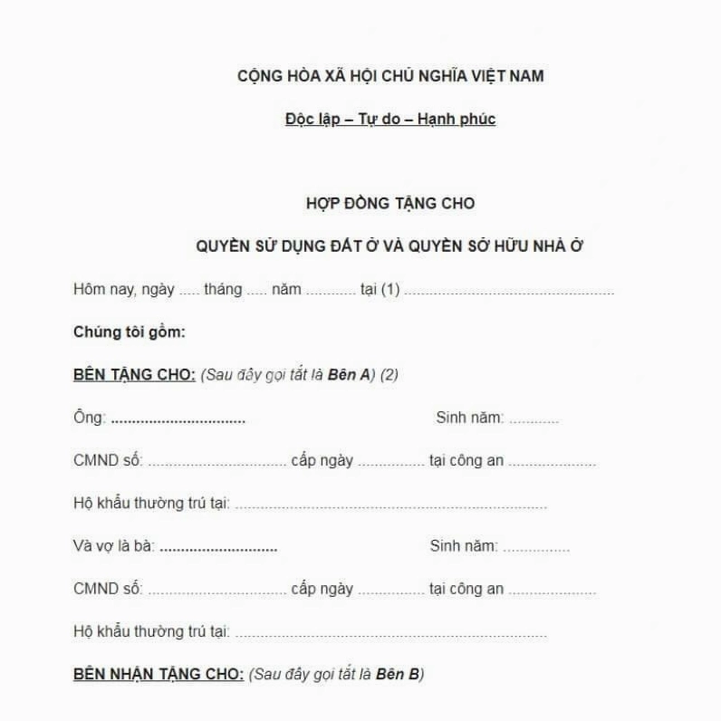 Mẫu đơn tặng đất cho con chuẩn đảm bảo tính pháp lý