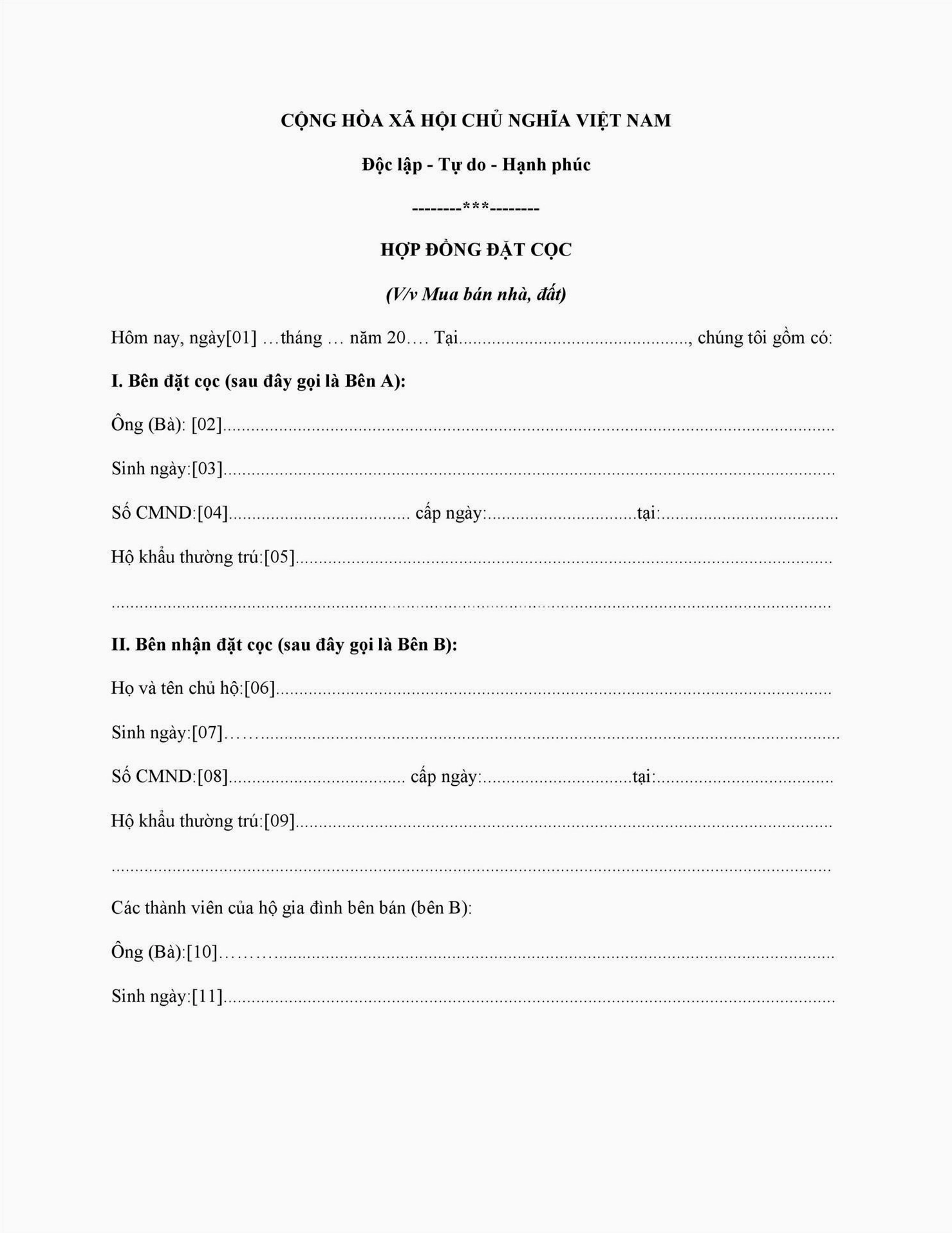 Mẫu hợp đồng đặt cọc mua bán nhà đất viết tay chuẩn xác