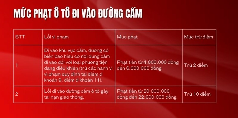 Mức phạt ô tô đi vào đường cấm