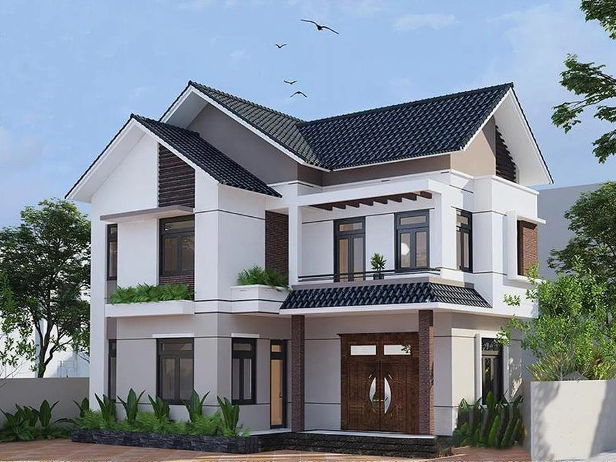 Nhà nhà 2 tầng 4 phòng ngủ, 1 phòng thờ hiện đại với khối kiến trúc vững chãi, mái giật cấp và các mảng xanh tinh tế, mang đến vẻ đẹp khang trang và tiện nghi