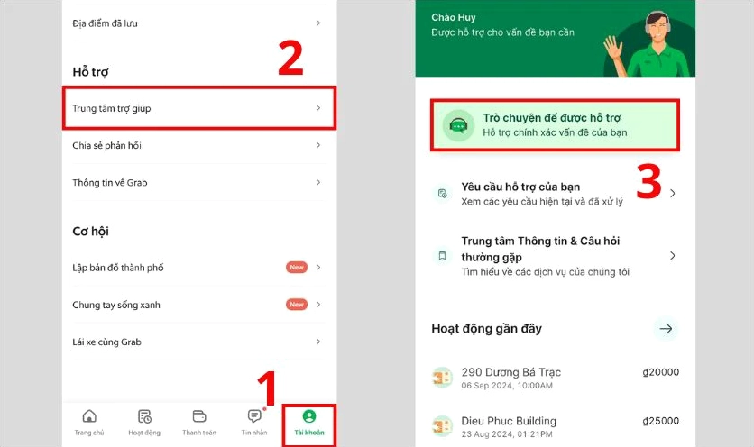 Nhắn tin trực tiếp đến tổng đài CSKH trên ứng dụng Grab