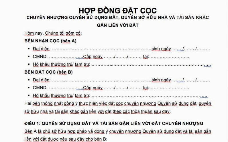Nội dung chi tiết cần có trong giấy biên nhận tiền đặt cọc nhà đất