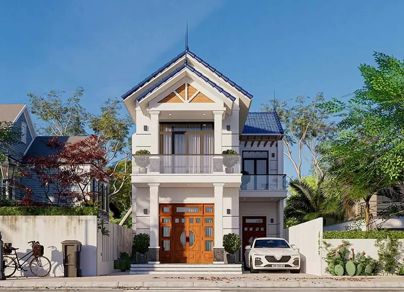 Phối cảnh nhà 1 trệt 1 lầu mái thái chữ L bề thế và vững chãi