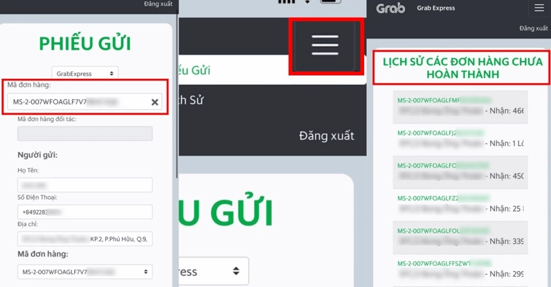 Sử dụng thanh tìm kiếm để tra cứu phiếu gửi điện tử Grab