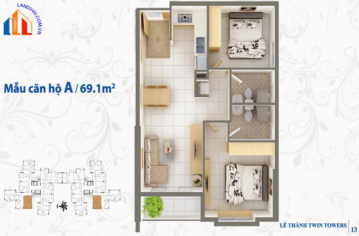 Thiết kế layout căn A CHUNG CƯ LÊ THÀNH MÃ LÒ