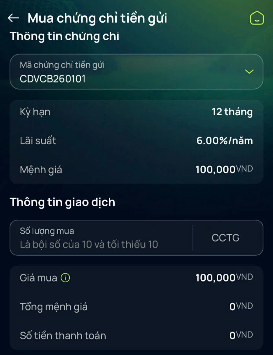 Thông tin sản phẩm chứng chỉ tiền gửi trên ứng dụng VCB Digital