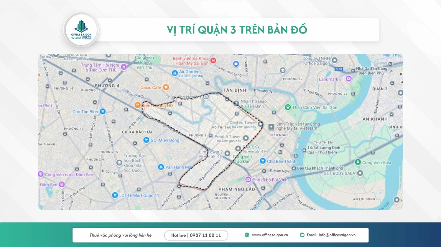 Vị trí chiến lược trên bản đồ của văn phòng cho thuê quận 3